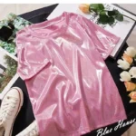 S-4XL Womens Round Neck Sparkly Shiny Metallic Holographic Short Sleeve Casual Loose Top Festival Party Tee Shirt Female Clothes