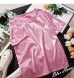 S-4XL Womens Round Neck Sparkly Shiny Metallic Holographic Short Sleeve Casual Loose Top Festival Party Tee Shirt Female Clothes