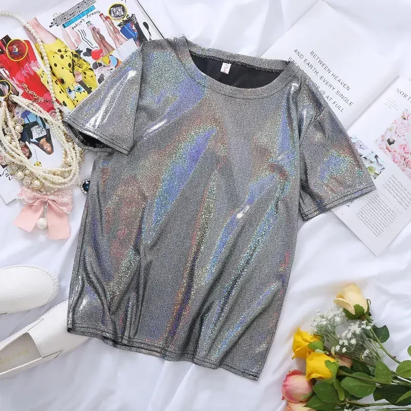 S53e660a0c9694644b8e6a27677aea045g.webp S-4XL Womens Sparkly Shiny Metallic Holographic Round Neck Short Sleeve Casual Loose Top Festival Party Tee Shirt Female Clothes - Image 1