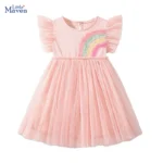 Little maven Children's Clothing Baby Girls 2025 Summer Embroidered Cartoon Rainbow Mesh Dresses Pink Dresses Kids Clothes