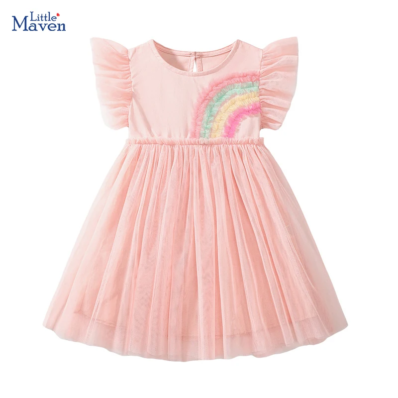 S8b6350cf003249c8850adf06fbc95849Q.webp Little maven Children's Clothing Baby Girls 2025 Summer Embroidered Cartoon Rainbow Mesh Dresses Pink Dresses Kids Clothes - Image 1