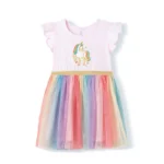 ⁦Little maven Children's Clothing Baby Girls 2025 Summer Embroidered Cartoon Rainbow Mesh Dresses Pink Dresses Kids Clothes⁩ - الصورة ⁦8⁩
