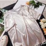 S-4XL Womens Sparkly Shiny Metallic Holographic Round Neck Short Sleeve Casual Loose Top Festival Party Tee Shirt Female Clothes - Image 2