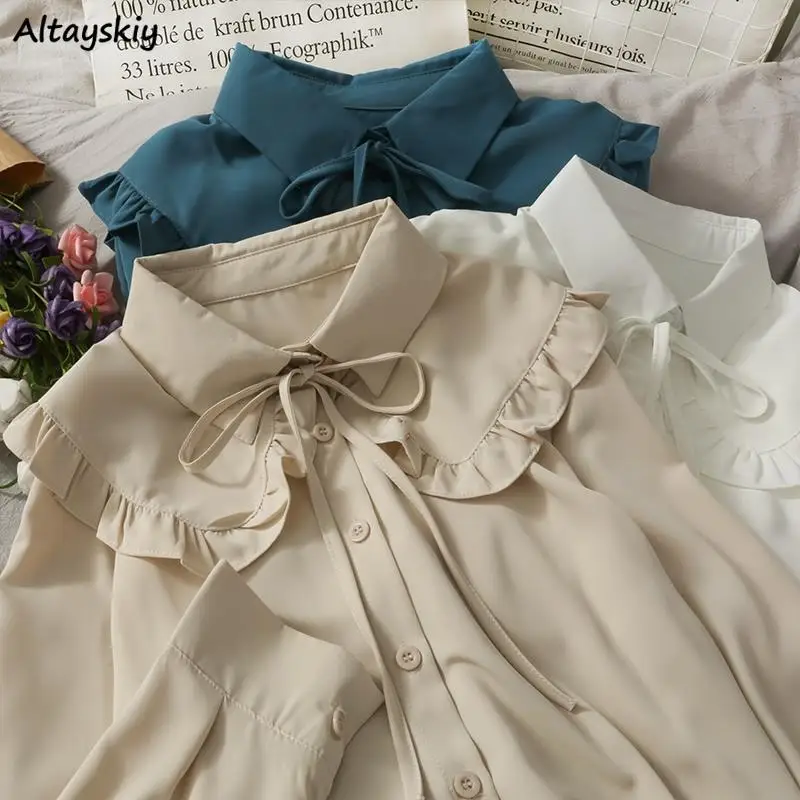 Sd0a17b9549ef4228852303a76fe2c6314.webp Women Sweet Shirts Cute Tops Peter Pan Collar S-3XL Loose Fashion Temper Minimalist Lolita French Elegant Clothes Trendy 5-Color - الصورة 1