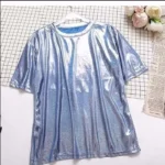 S-4XL Womens Round Neck Sparkly Shiny Metallic Holographic Short Sleeve Casual Loose Top Festival Party Tee Shirt Female Clothes - Image 7