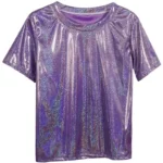 S-4XL Womens Sparkly Shiny Metallic Holographic Round Neck Short Sleeve Casual Loose Top Festival Party Tee Shirt Female Clothes - Image 6