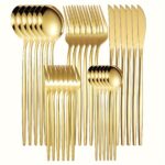 Elegant 30pcs Golden Stainless Steel Cutlery Set - Includes Knives, Forks, Spoons & Dessert Spoons - Dishwasher Safe for Home, Kitchen, Restaurants, Hotels, Parties, Thanksgiving, Easter, Christmas & Weddings, High-grade, Utensil Set