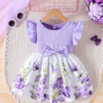 Girls' Spring/Summer Ruffled Sleeve Dress with Bow Detail and Elastic Waistband - Green Butterfly Print on White, Knee-Length, Machine Washable - Image 11