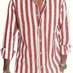 Men's Stylish Striped Long Sleeve Button-Up Shirt - Casual Lapel Collar, White & Brown Vertical Stripes, Lightweight Fabric, Perfect for Beach Vacations, Dates, and Gifts, Beach Wear, Versatile Fashion | Classic Striped Shirt | Collared Long Sleeve - Image 13