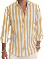 Men's Stylish Striped Long Sleeve Button-Up Shirt - Casual Lapel Collar, White & Brown Vertical Stripes, Lightweight Fabric, Perfect for Beach Vacations, Dates, and Gifts, Beach Wear, Versatile Fashion | Classic Striped Shirt | Collared Long Sleeve - Image 9