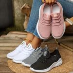 ⁦[Breathable Knit Sneakers] Lightweight Breathable Women's Knit Sneakers - Soft Sole Casual Shoes, Lace-Up Low-Top in Pink, White, Gray, Black - Comfortable Sporty Trainers for All Seasons⁩ - الصورة ⁦5⁩