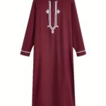 Men'S Burgundy Traditional Middle Eastern Thobe with White Embroidery - Casual Crew Neck, All-Season Wear for Eid, Ramadan, and Festivals, Festive Attire | Embroidered Thobe | Comfortable Fit, Thobe