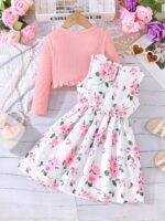 Girls' Flower Print Casual Vest Dress with Chest Measurement by Pulling + Solid Color Long Sleeve Jacket - Image 6