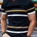 Men's 3D Printed Striped Casual T-Shirt - Navy Blue with Beige & White Horizontal Stripes, Regular Fit Round Neck, Machine Washable, Casual Wear | Round Neck Tee | Comfortable Fit, Casual T Shirts