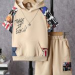 Boys' Summer Outing Casual Trendy Letter Print Hooded Short Sleeve Top + Elastic Waist Loose Casual Outing Sports Shorts Two-Piece Set, Perfect for Outdoor