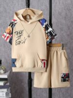 Boys' Summer Outing Casual Trendy Letter Print Hooded Short Sleeve Top + Elastic Waist Loose Casual Outing Sports Shorts Two-Piece Set, Perfect for Outdoor