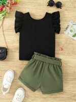 2pcs Trendy Girls Solid Flutter Trim T-Shirt Top + Shorts With Bow Belt Set For Summer Outdoor Outfit - Image 5