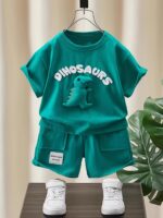 2pcs Set of Small Boy Casual Letter Pattern Dinosaur Short Sleeved T-Shirt And Shorts, Comfortable Summer Clothing for Boys, Suitable for Beach Vacation And Outdoor Activities in The Summe, for Outdoor