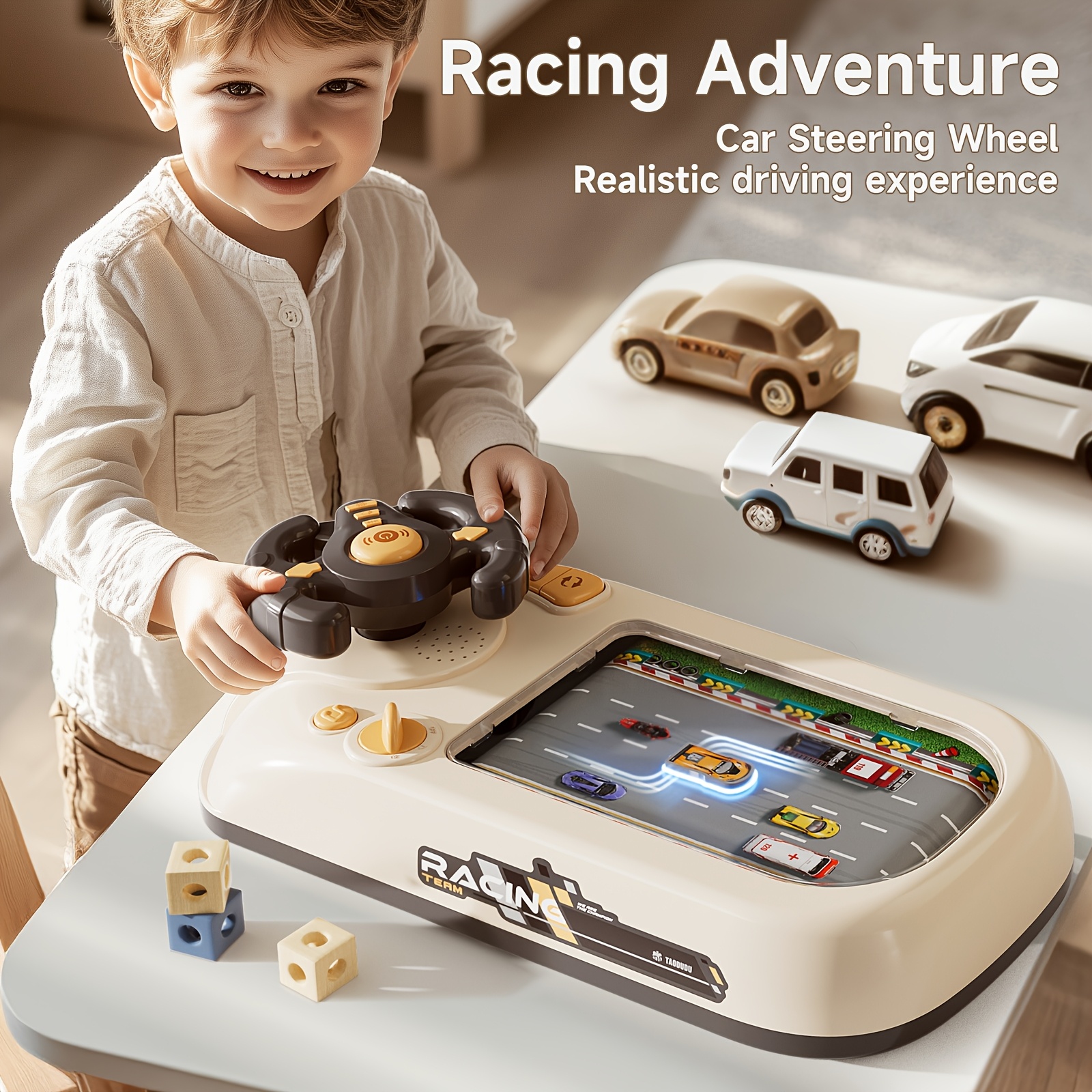 08bc541f-1c3a-4b6a-8667-1224d7bd55d2.jpg Kids Racing Game Console with Steering Wheel - Realistic Driving Experience, Competitive Toy for Ages 3-6, Exciting Strategy Game, New Year Gift, USB Powered, ABS Material, Traffic Education - الصورة 1