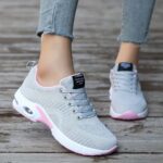 ⁦Women's Breathable Mesh Athletic Sneakers - Lightweight & Stylish Running Shoes with Air Cushion, Lace-Up Low Tops in Gray & Pink with NIKSON Logo⁩ - الصورة ⁦2⁩