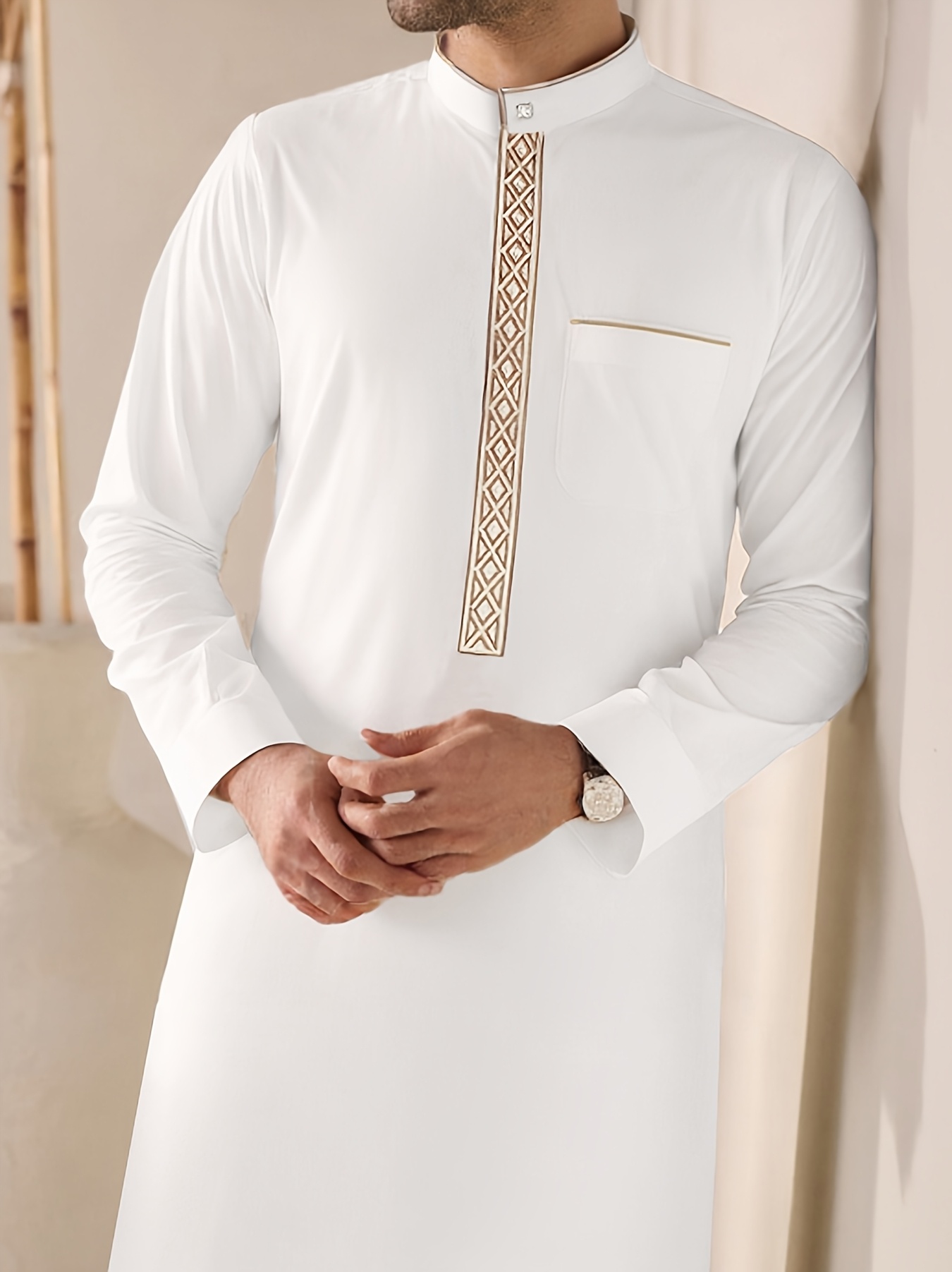 0b936afb-d11b-4f25-a85a-202f6df88516.jpg Men's Elegant White Long Sleeve Kandora - Traditional Arabian Robe with Stand Collar, Geometric Pattern, All-Season Polyester Blend for Islamic and Cultural Events, Allseason Robe | Elegant Kandora | Smooth Fabric - Image 1