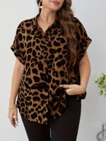 Plus Size Women's Leopard Print Casual Shirt - Batwing Sleeves & Classic Collar, Loose Fit Button-Up Blouse for Spring Summer Fall, Machine Washable Elegance Collection, Leopard Print Blouse, Seasonal Fashion, Oversized Fashion, Nontransparent Fabric, Cas