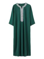 2024 New Men's Traditional Arabic Abaya Robe - Retro Style V-Neck Long Sleeve Green Muslim Prayer Dress, H-Type Fit for Daily Wear & Religious Ceremonies, Allseason Robe, Vneck Design, Intricate Embroidery, Solid Color Attire - Image 2