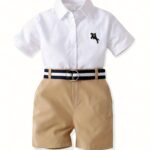 Boy's 2-piece Casual Gentleman Set, Horse Embroidered Short Sleeve Shirt And Belted Shorts, Comfy Party Birthday Clothes For Daily & Outdoor Wear - Image 6