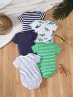 ⁦5pcs Baby's Marine Style Cotton Bodysuit, Casual Short Sleeve Romper, Toddler & Infant Boy's Outdoor Clothing⁩ - الصورة ⁦6⁩