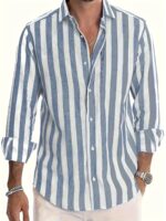 Men's Stylish Striped Long Sleeve Button-Up Shirt - Casual Lapel Collar, White & Brown Vertical Stripes, Lightweight Fabric, Perfect for Beach Vacations, Dates, and Gifts, Beach Wear, Versatile Fashion | Classic Striped Shirt | Collared Long Sleeve - Image 7