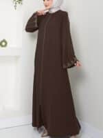 Muslim Fashion Women's Rhinestone Long Sleeve Loose Fit Elegant Brown Dress - Image 2