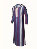 Men's Arabic Kaftan Robe - Traditional Striped Hooded Long Sleeve with Purple & Beige Vertical Stripes, Loose Fit for Ramadan Eid al-Adha & Gulf Festival, Breathable Casual Muslim Holiday Attire, Muslim Dress, Cultural Attire, Lightweight Fabric, Cultural - Image 4