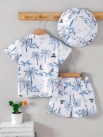 ⁦Boys' Summer Fashion Vacation Style Woven Shirt & Shorts & Fisherman Hat Set - Perfect for Beach Holidays, Perfect for Outdoor⁩ - الصورة ⁦2⁩