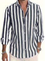 Men's Stylish Striped Long Sleeve Button-Up Shirt - Casual Lapel Collar, White & Brown Vertical Stripes, Lightweight Fabric, Perfect for Beach Vacations, Dates, and Gifts, Beach Wear, Versatile Fashion | Classic Striped Shirt | Collared Long Sleeve - Image 10