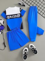 3pcs set for boys in motorcycle style racing blue, with letter print short sleeves + casual shorts + fashionable long pants, suitable for spring and summer, outdoor sports, school gatherings, as gifts, Perfect for Outdoor - Image 2