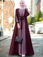 Middle Eastern Casual Long Dress Muslim Ramadan Color-Contrast Waistband Tuck-in Headed Elegant Outing Dress Abaya (without Headscarf) - Image 7