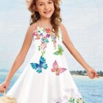 ⁦Girls Butterfly Graphic Cross Back Cami Dress Summer Clothes Beach Vacation⁩ - الصورة ⁦6⁩