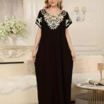 ⁦Elegant Black Turkish Kaftan Dress with Floral Embroidery - Loose Fit Short Sleeve Dress for Women, Middle Eastern Inspired All-Season Versatile Wear, Mature Sophisticated Attire, Comfortable Fit⁩ - الصورة ⁦9⁩