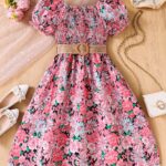 Charming Girls' Floral Summer Dress with Puff Sleeves and Belt - Lightweight Polyester, Machine Washable - Perfect for Beach Vacations - Image 14