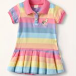 Girls' Summer New Striped Rabbit Embroidery Short Sleeve Dress