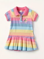 Girls' Summer New Striped Rabbit Embroidery Short Sleeve Dress