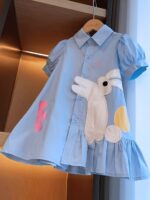 aiLe Rabbit Girls' Elegant Summer Dress - Pink with Bunny Embroidery, Ruffle Hem, Short Sleeve, Button-Up Collar, Non-Stretch Fabric, Perfect for Casual Wear, Cute Summer Dresses - Image 2