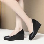Lightweight Design, Women's Black Cover Wedge Heel Work Shoes - Comfortable Soft Sole, Slip-On Professional Single Shoes for All Seasons, Everyday Work Shoes|Versatile Women's Shoes|Synthetic Cover Shoes
