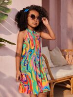 Boho Summer Loose Fit Non-Stretch Woven Pleated Tie Dye Halter Dress, Polyester, for Youth - Image 6