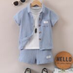 Boys' Summer Casual Cotton Shorts Set, Alphabet Print, Lapel Collar, Short Sleeve, with Placket, for Boys, for Outdoor - Image 12