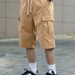 ⁦Men's Casual Cargo Shorts with Pockets - Loose Fit, Mid-Waist, Polyester, Street Style, Brown, Drawstring Waistband, Everyday & Leisure Wear⁩ - الصورة ⁦9⁩