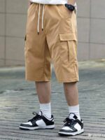 ⁦Men's Casual Cargo Shorts with Pockets - Loose Fit, Mid-Waist, Polyester, Street Style, Brown, Drawstring Waistband, Everyday & Leisure Wear⁩ - الصورة ⁦8⁩