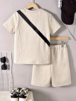 KIKOFENDY Boys' 3pcs Summer Outfit Set - Casual White Short Sleeve T-Shirt with Patched Letter Design, Beige Shorts & Fashionable Crossbody Bag, Perfect for Spring/Summer/Fall, for Outdoor - Image 6
