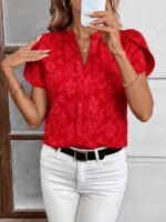 Women'S Elegant Red Floral Print V-Neck Short Sleeve Blouse - Casual Summer Top with Ruffled Details, Perfect for Weekends and Casual Events, Casual Wear Blouse | Floral Print Top | Embroidered Details, Ladies Blouses - Image 7