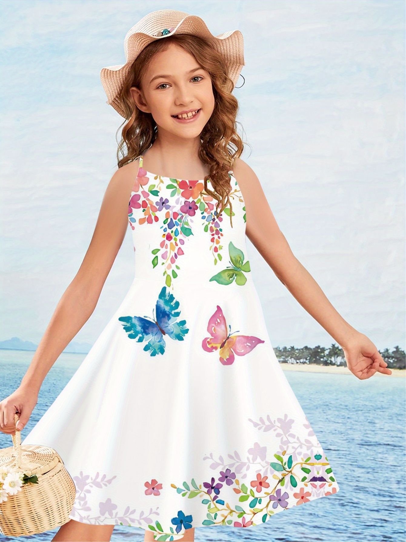 1705336129506-7e038227590f4eea8b5c2393235f76c6-goods-1.jpeg Girls Butterfly Graphic Cross Back Cami Dress Summer Clothes Beach Vacation - الصورة 1